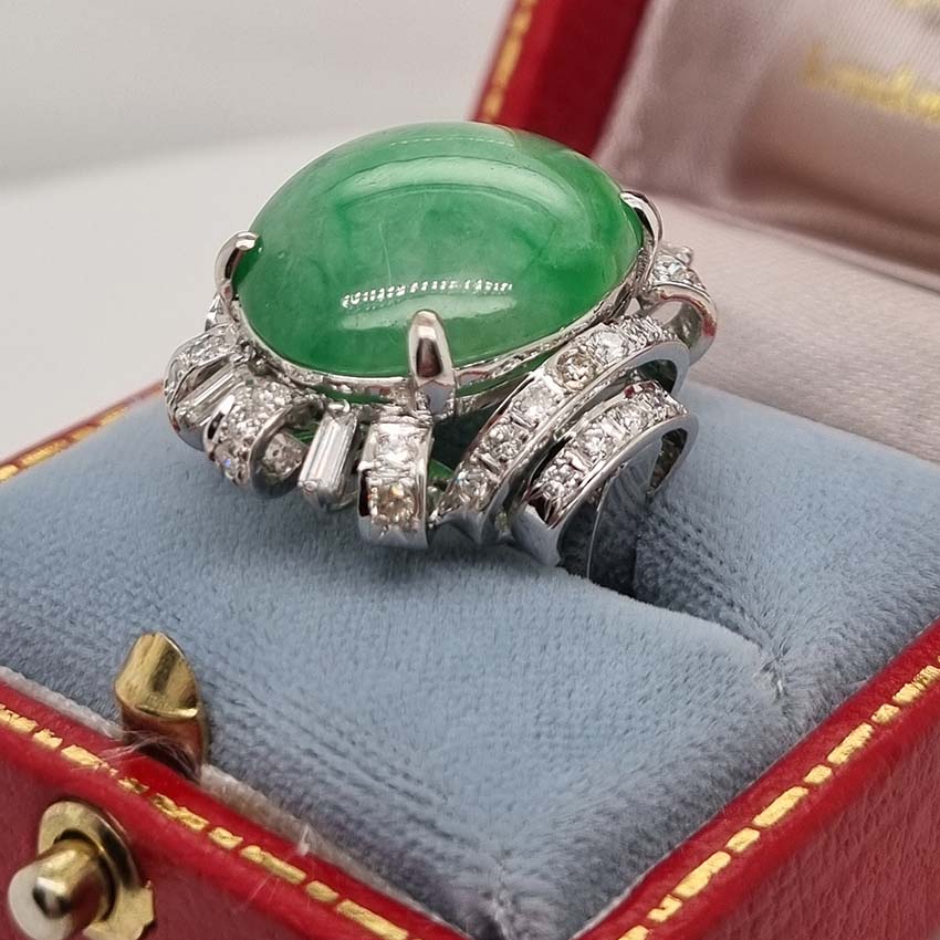 Vintage 23ct Natural Jadeite Jade and Diamond Cluster Ring
