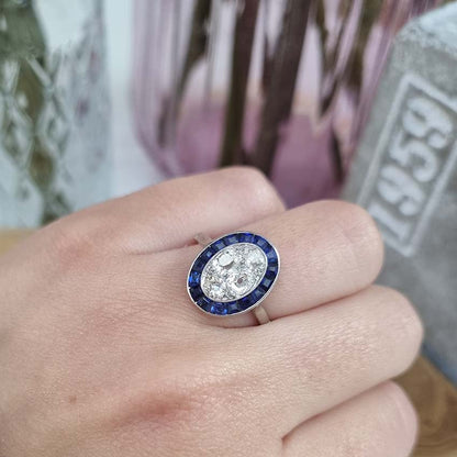 Vintage Sapphire and Diamond Oval Target Cluster Engagement Ring in Platinum