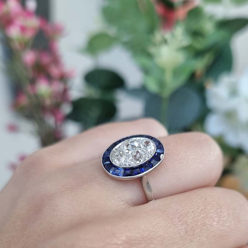 Vintage Sapphire and Diamond Oval Target Cluster Engagement Ring in Platinum
