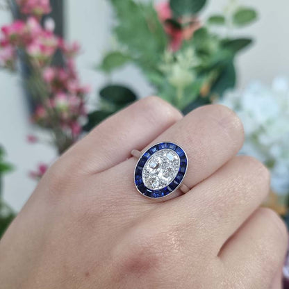 Vintage Sapphire and Diamond Oval Target Cluster Engagement Ring in Platinum