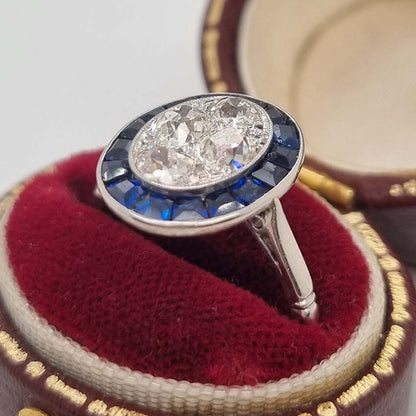 Vintage Sapphire and Diamond Oval Target Cluster Engagement Ring in Platinum