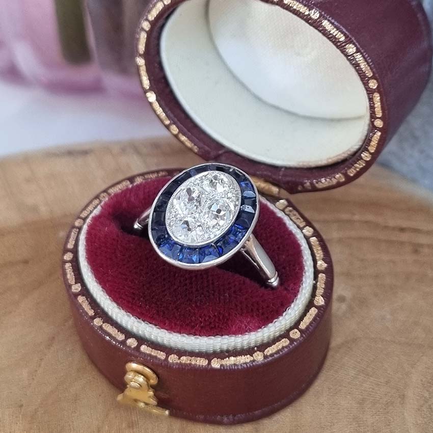 Vintage Sapphire and Diamond Oval Target Cluster Engagement Ring in Platinum
