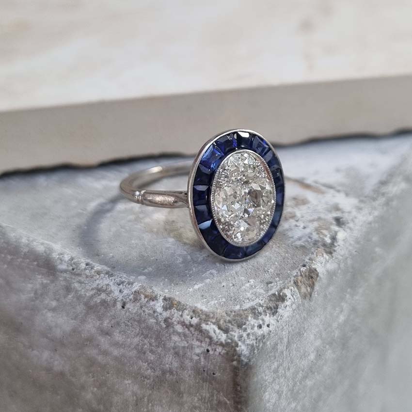 Vintage Sapphire and Diamond Oval Target Cluster Engagement Ring in Platinum