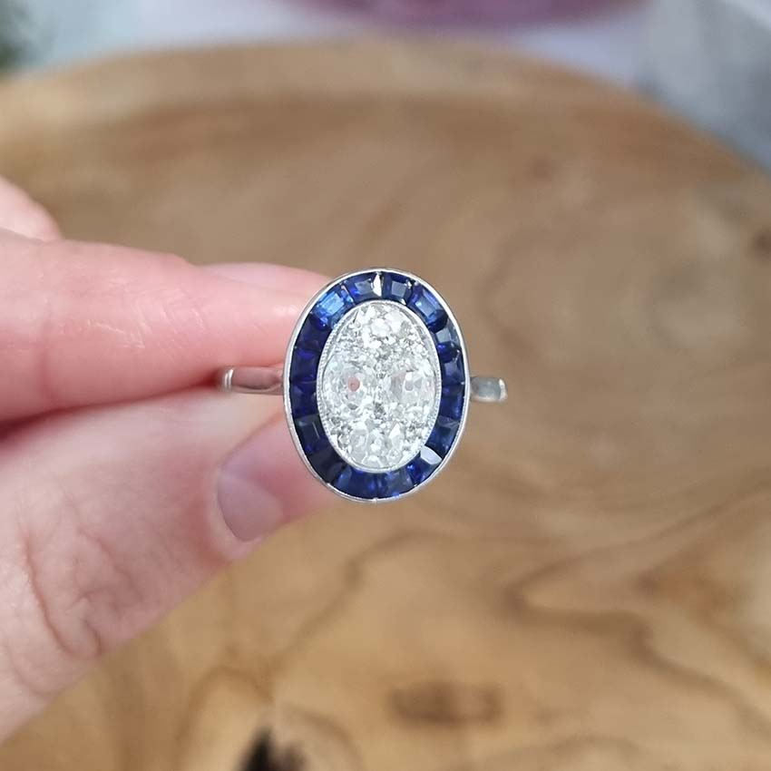 Vintage Sapphire and Diamond Oval Target Cluster Engagement Ring in Platinum