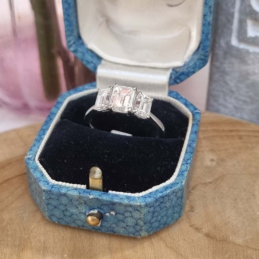Emerald Cut Three Stone Diamond Engagement Ring in Platinum, 2.34 carats