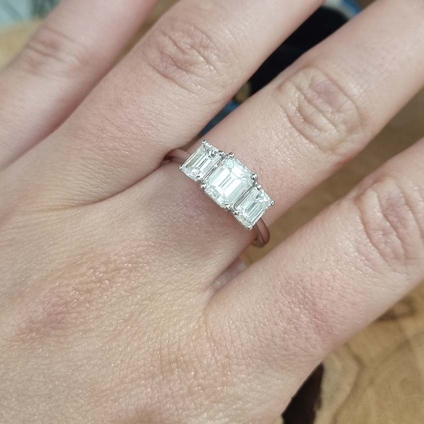 Emerald Cut Three Stone Diamond Engagement Ring in Platinum, 2.34 carats