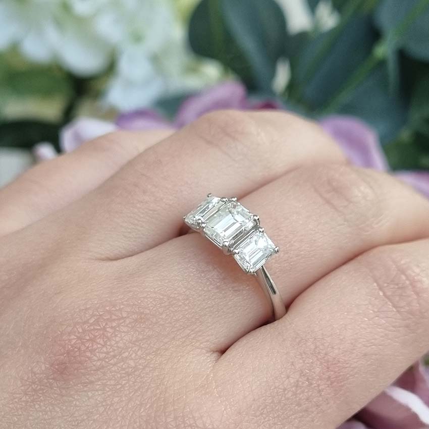 Emerald Cut Three Stone Diamond Engagement Ring in Platinum, 2.34 carats