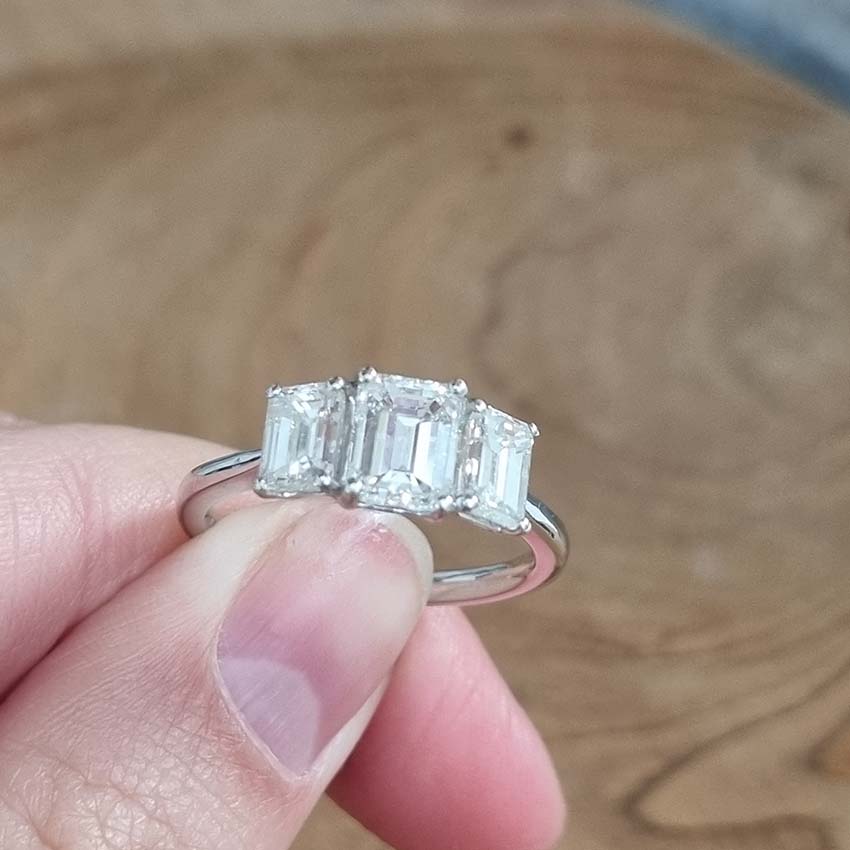 Emerald Cut Three Stone Diamond Engagement Ring in Platinum, 2.34 carats
