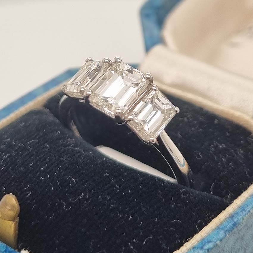 Emerald Cut Three Stone Diamond Engagement Ring in Platinum, 2.34 carats