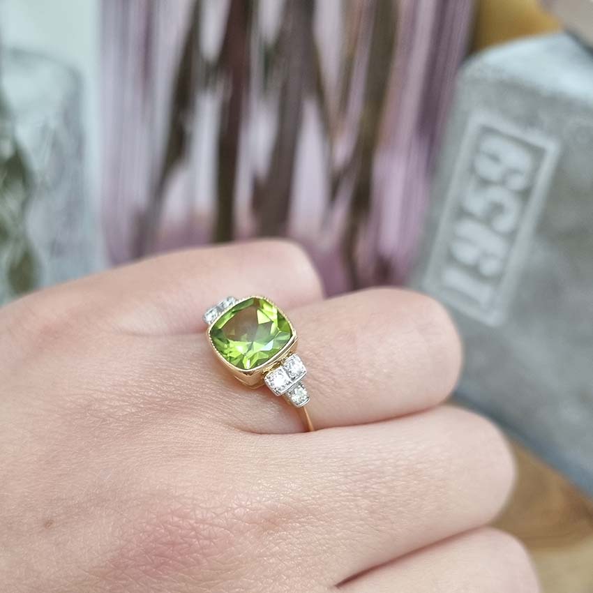2.1ct Cushion Cut Peridot and Diamond Ring
