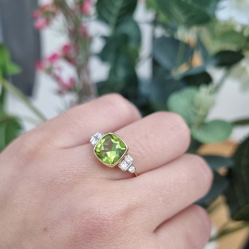 2.1ct Cushion Cut Peridot and Diamond Ring