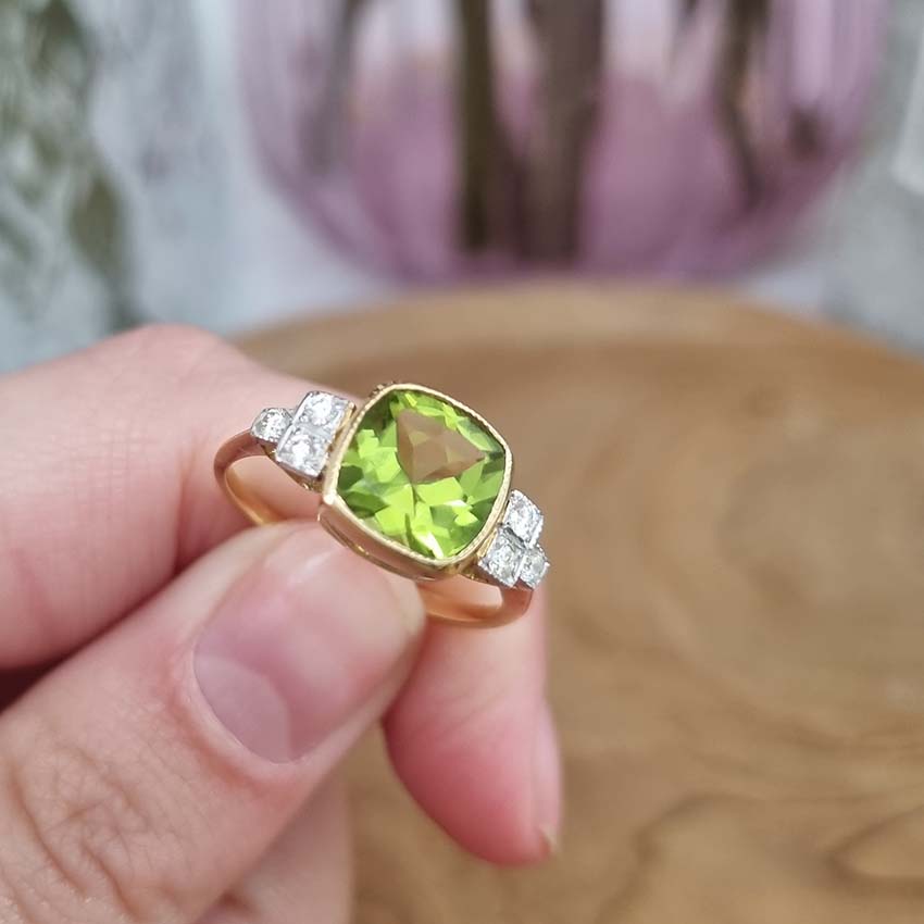 2.1ct Cushion Cut Peridot and Diamond Ring
