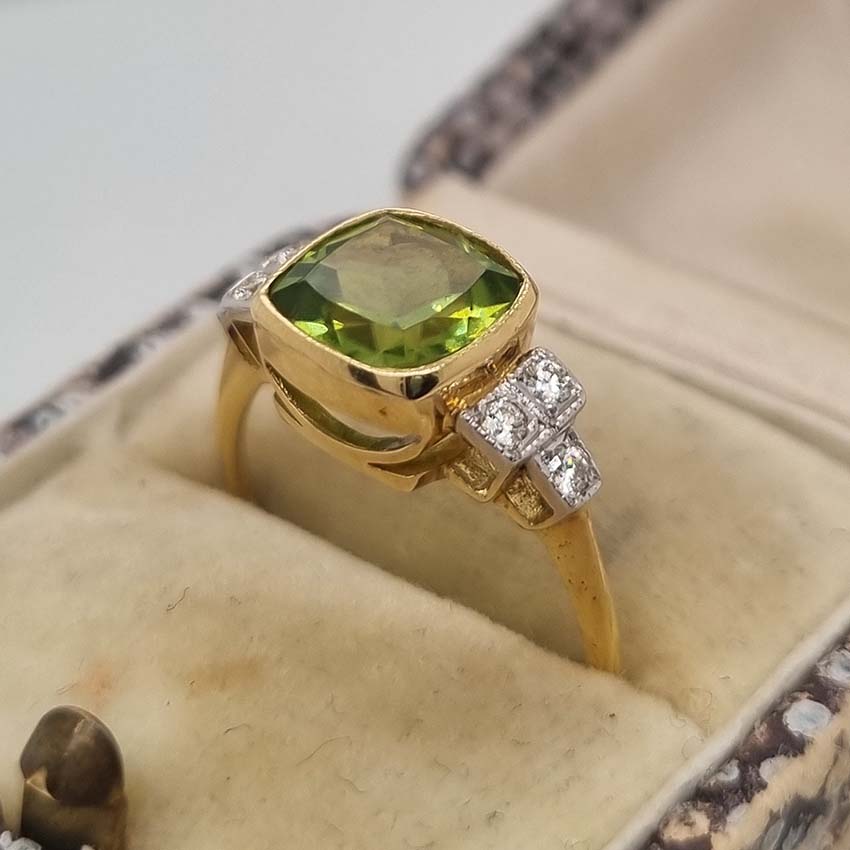 2.1ct Cushion Cut Peridot and Diamond Ring