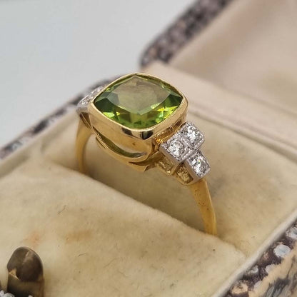 2.1ct Cushion Cut Peridot and Diamond Ring