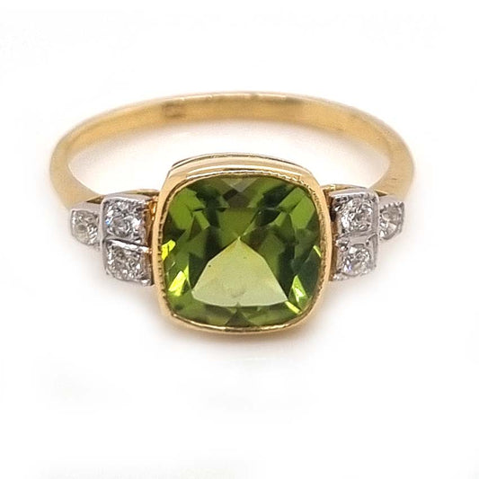 2.1ct Cushion Cut Peridot and Diamond Ring
