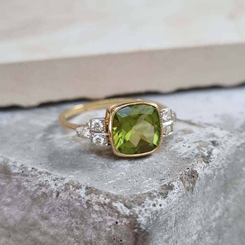 2.1ct Cushion Cut Peridot and Diamond Ring