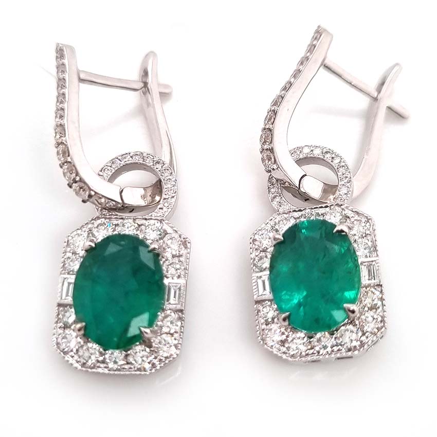 3.16ct Oval Emerald and Diamond Cluster Drop Earrings