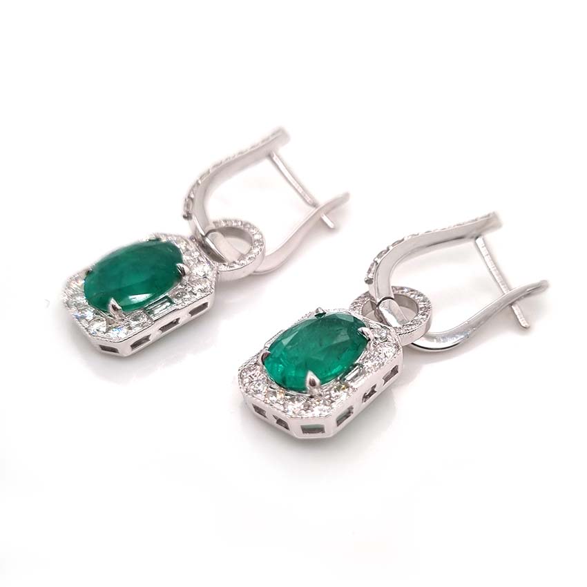 3.16ct Oval Emerald and Diamond Cluster Drop Earrings