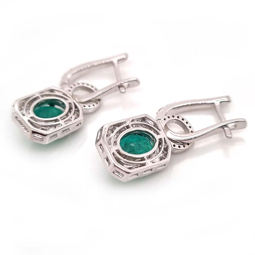 3.16ct Oval Emerald and Diamond Cluster Drop Earrings