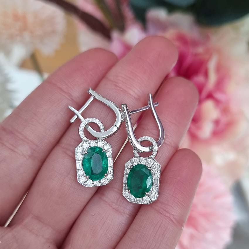 3.16ct Oval Emerald and Diamond Cluster Drop Earrings