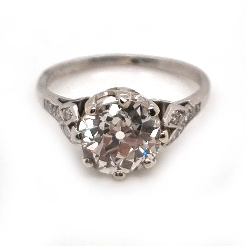 Art Deco 1.90ct Old Mine Cut Diamond Solitaire Engagement Ring in Platinum, single stone 1.90ct old mine-cut diamond coronet set with diamond split shoulders