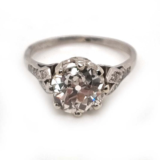 Art Deco 1.90ct Old Mine Cut Diamond Solitaire Engagement Ring in Platinum, single stone 1.90ct old mine-cut diamond coronet set with diamond split shoulders