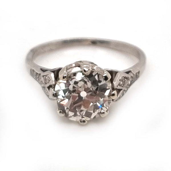 Art Deco 1.90ct Old Mine Cut Diamond Solitaire Engagement Ring in Platinum, single stone 1.90ct old mine-cut diamond coronet set with diamond split shoulders