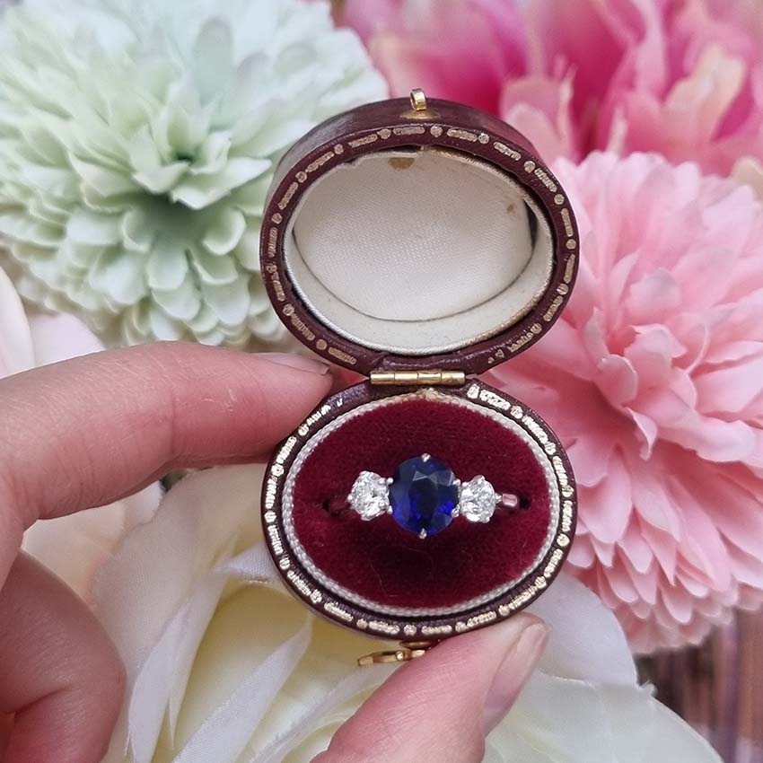 Art Deco 1.69ct Sapphire and Diamond Trilogy Engagement Ring