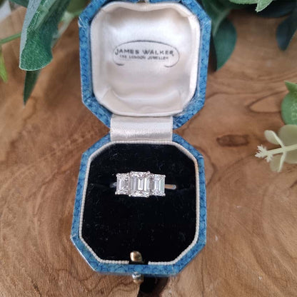 Emerald Cut Three Stone Diamond Engagement Ring in Platinum, 2.34 carats