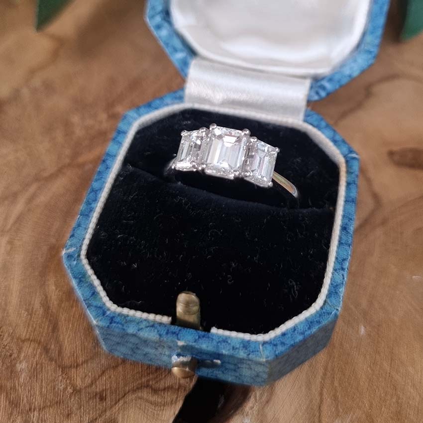 Emerald Cut Three Stone Diamond Engagement Ring in Platinum, 2.34 carats