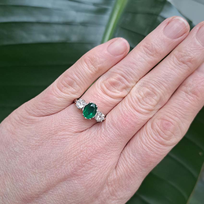 1.30ct Oval Emerald and Diamond Three Stone Engagement Ring