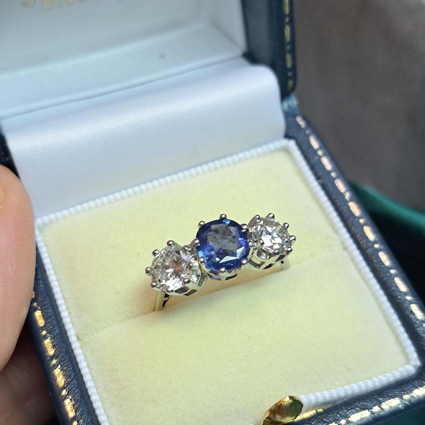 Antique Edwardian Sapphire and Diamond Trilogy Engagement Ring