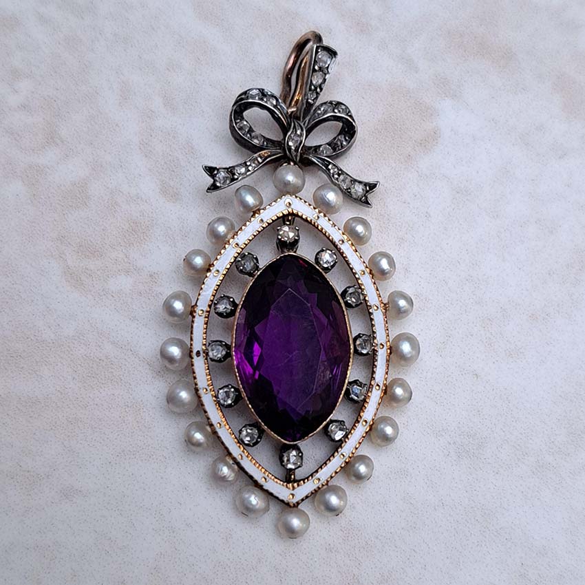 Edwardian Antique Marquise Amethyst Pearl and Diamond Pendant