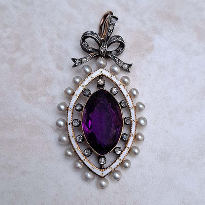 Edwardian Antique Marquise Amethyst Pearl and Diamond Pendant