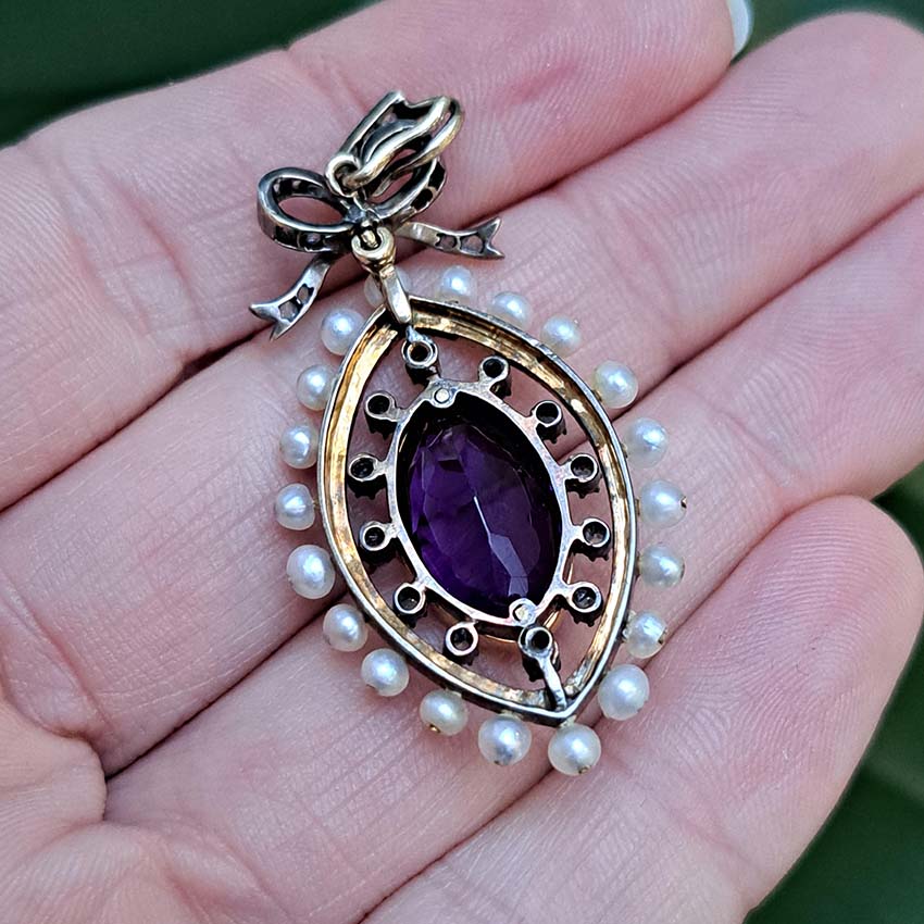 Edwardian Antique Marquise Amethyst Pearl and Diamond Pendant