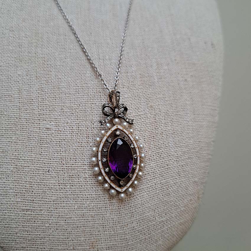 Edwardian Antique Marquise Amethyst Pearl and Diamond Pendant