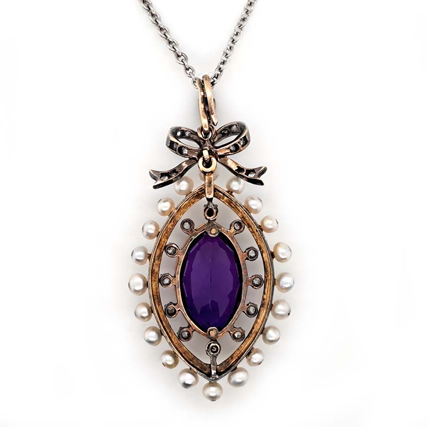 Edwardian Antique Marquise Amethyst Pearl and Diamond Pendant
