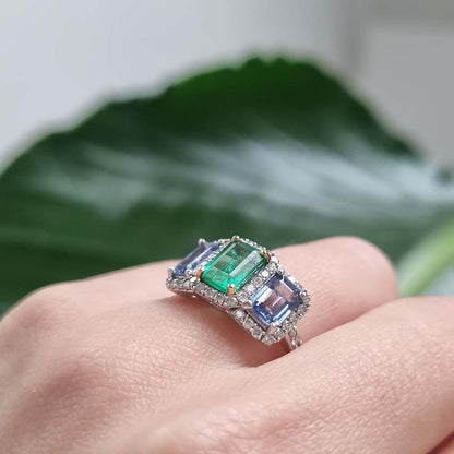 Emerald Sapphire and Diamond Trilogy Cluster Ring