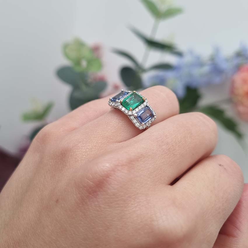 Emerald Sapphire and Diamond Three Stone Trilogy Cluster Ring