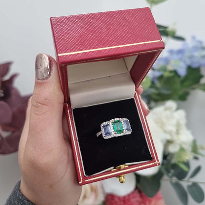 Emerald Sapphire and Diamond Three Stone Trilogy Cluster Ring