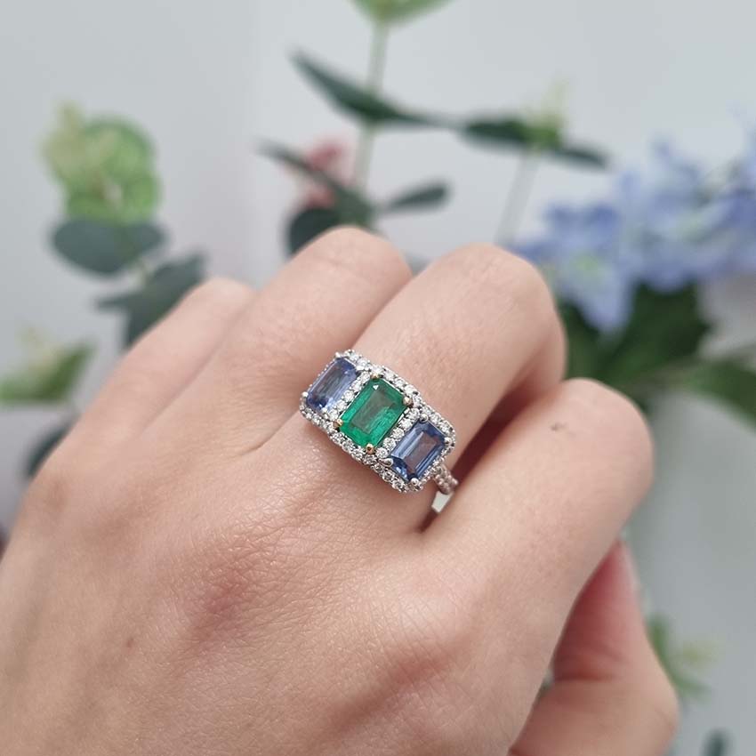 Emerald Sapphire and Diamond Three Stone Trilogy Cluster Ring
