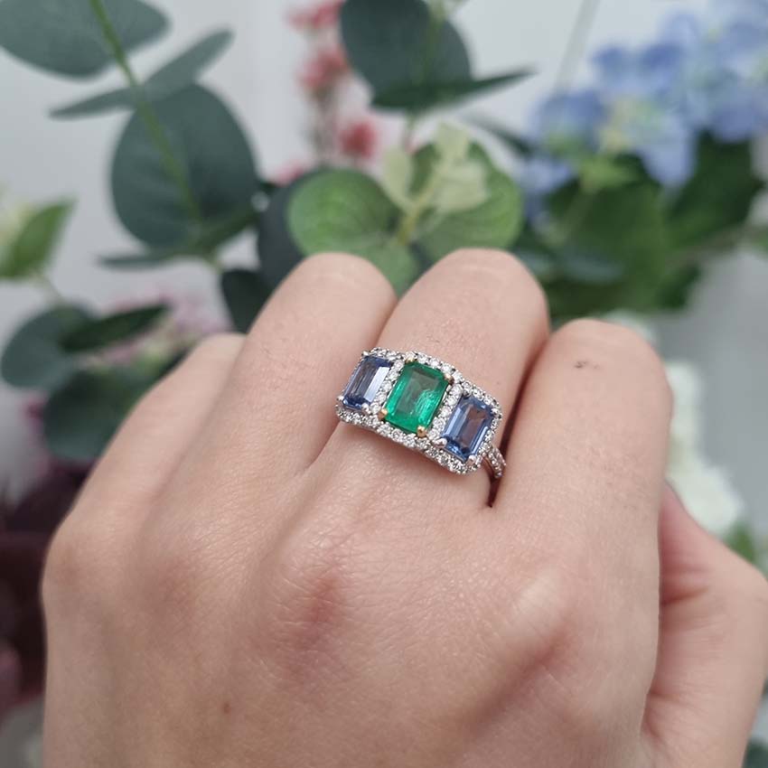 Emerald Sapphire and Diamond Three Stone Trilogy Cluster Ring