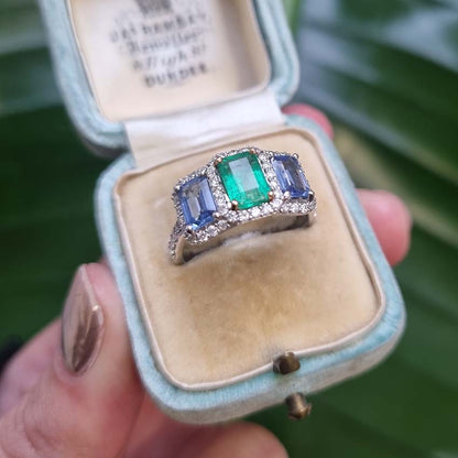 Emerald Sapphire and Diamond Three Stone Trilogy Cluster Ring