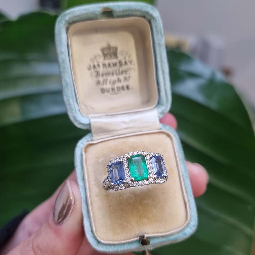 Emerald Sapphire and Diamond Trilogy Cluster Ring