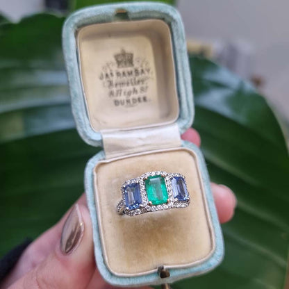 Emerald Sapphire and Diamond Trilogy Cluster Ring