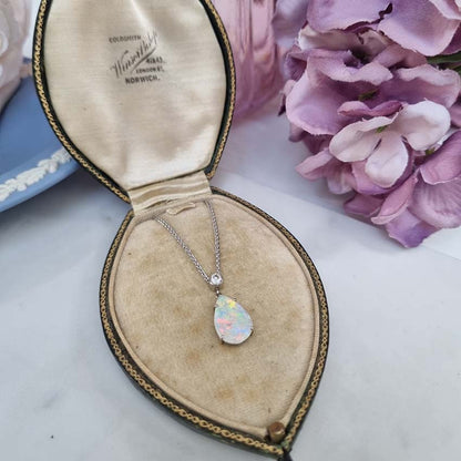 Pear Shaped Opal and Diamond Pendant Necklace