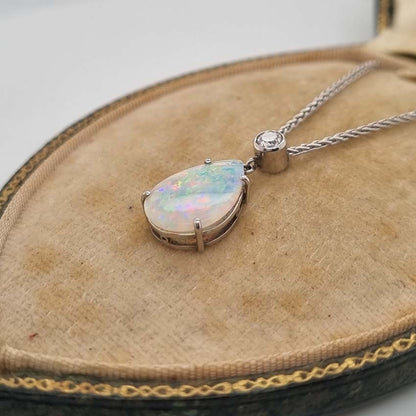 Pear Shaped Opal and Diamond Pendant Necklace