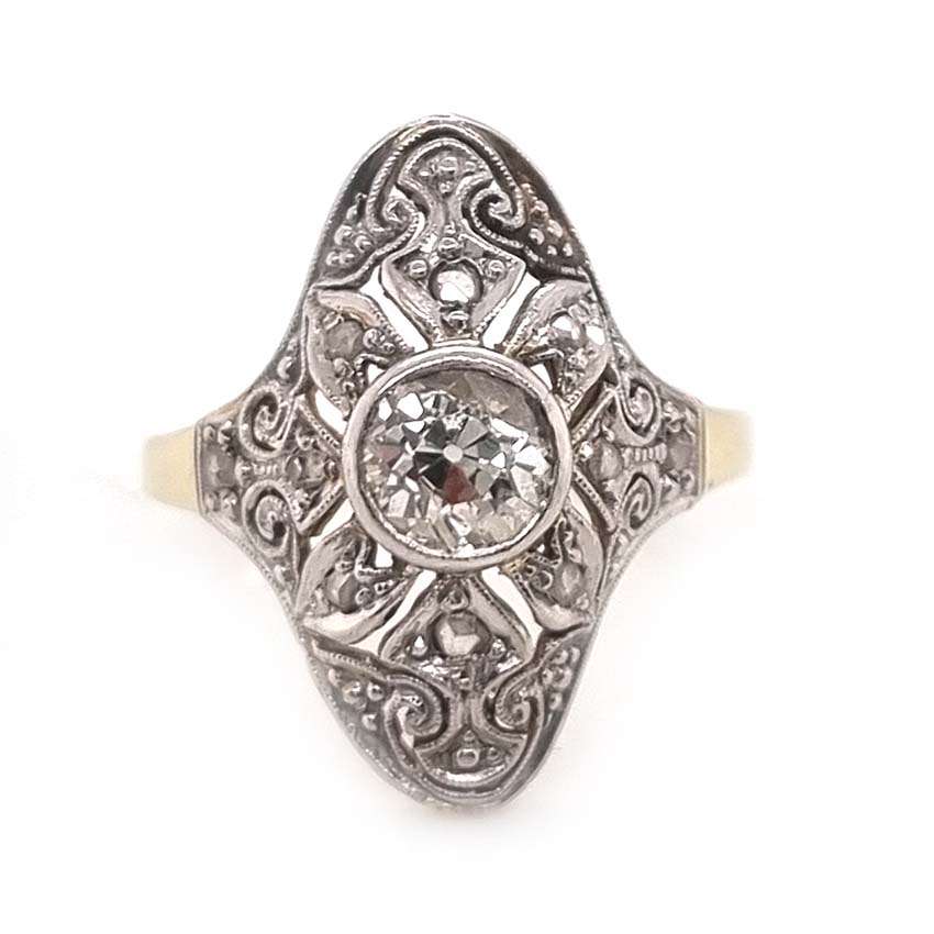 Edwardian Antique 0.60ct Old Cut Diamond Cluster Plaque Ring, with intricate pierced scrolled rose-cut diamond surround in platinum to 15ct yellow gold