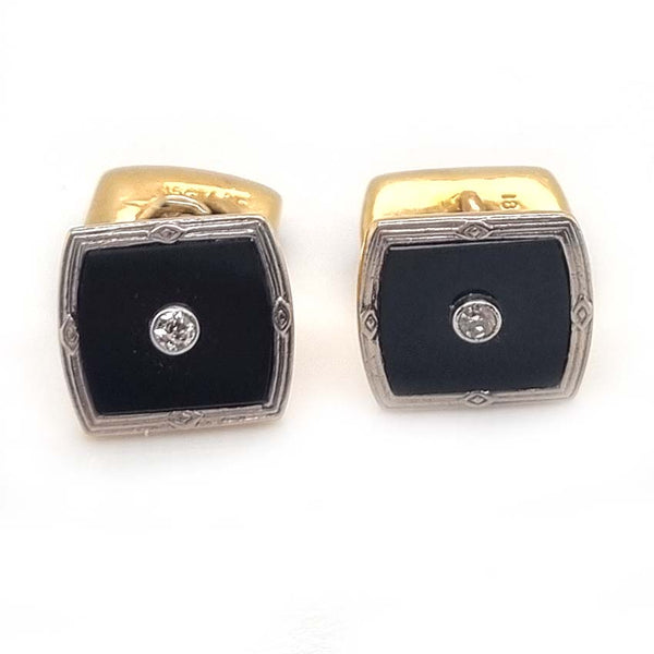 Art Deco Black Onyx and Diamond Cufflinks, black onyx plaques with central diamonds set in platinum to yellow gold