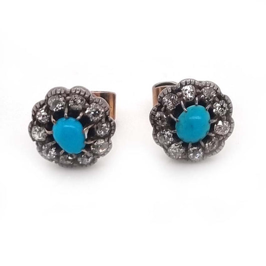 Antique Turquoise and Diamond Cluster Stud Earrings